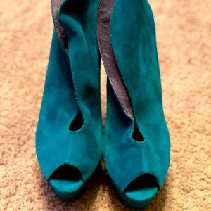 London Trash teal suede peep toe high heels